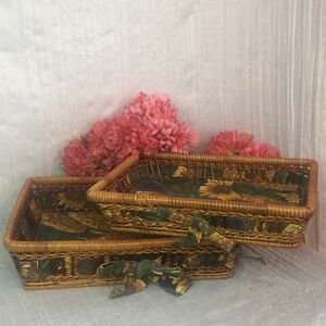 Vintage set 2 wicker rattan rectangle storage baskets w/sunflower design & bows